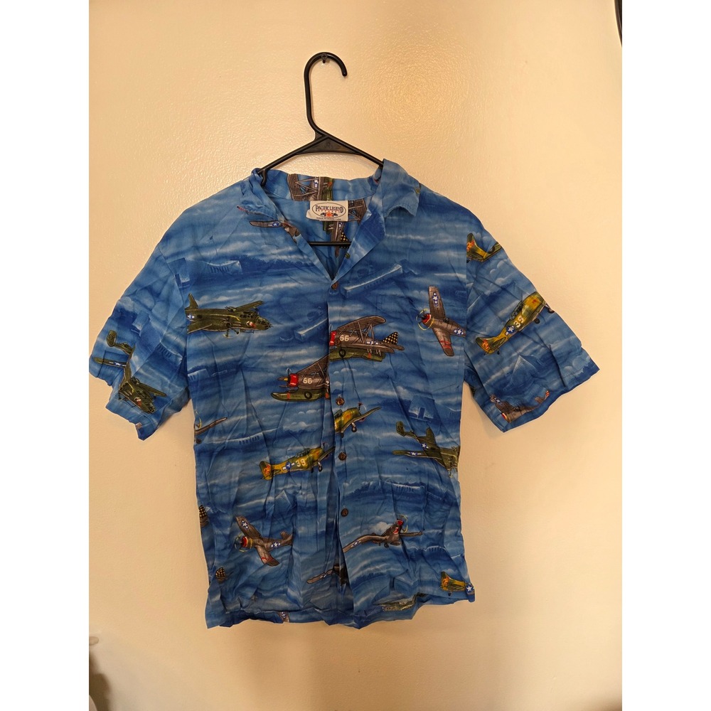Pacific Legend Hawaiian Shirt Mens Medium Blue Vintage Military Airplane Print